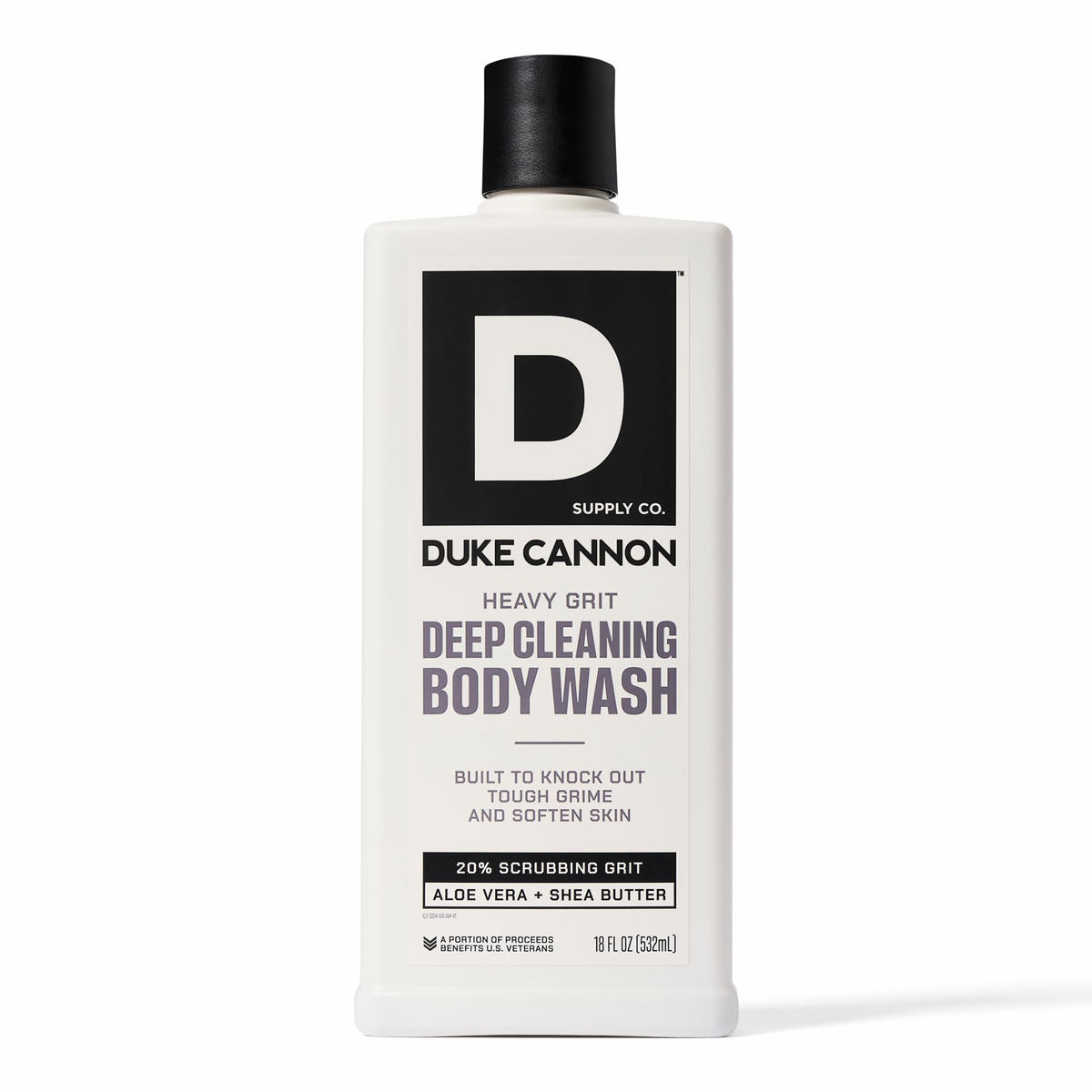 Duke Cannon front bottle view showing clear branding and rugged benefit