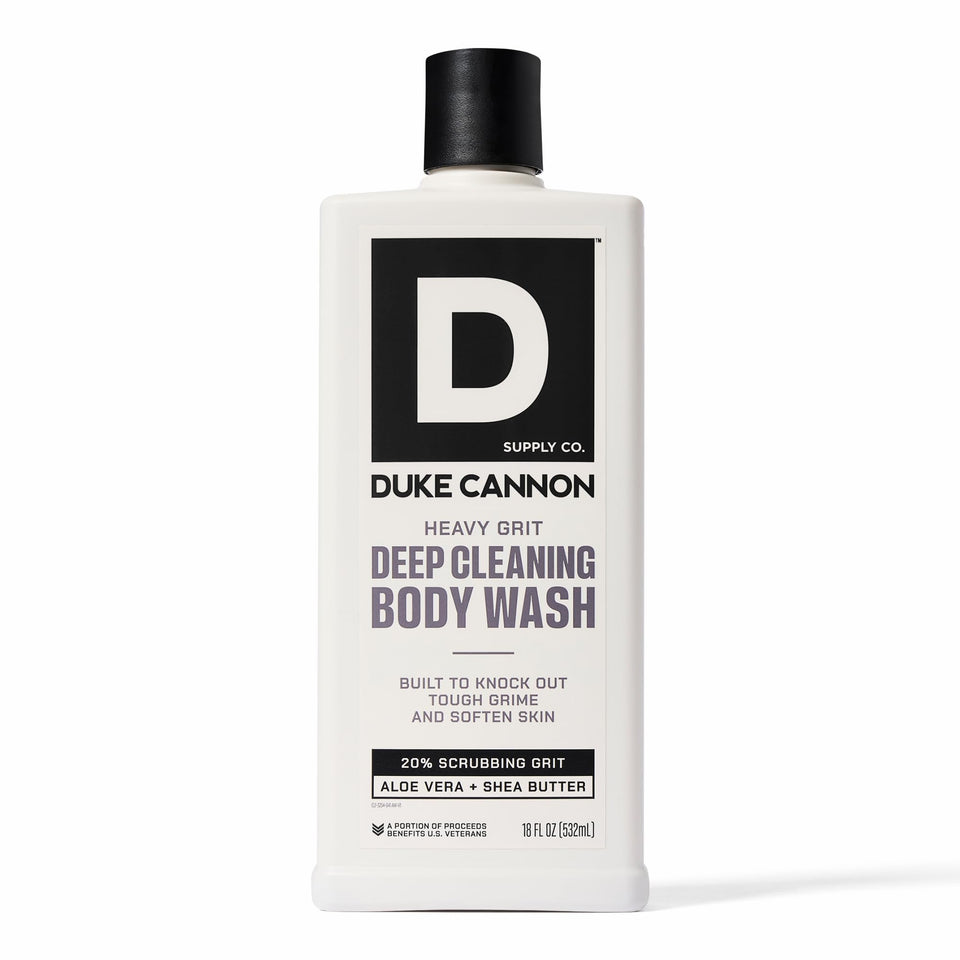 Duke Cannon front bottle view showing clear branding and rugged benefit