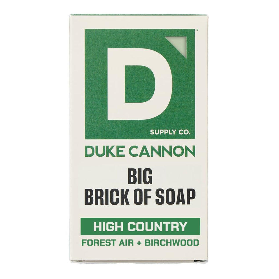 Duke Cannon front packaging showing High Country scent, rugged benefit