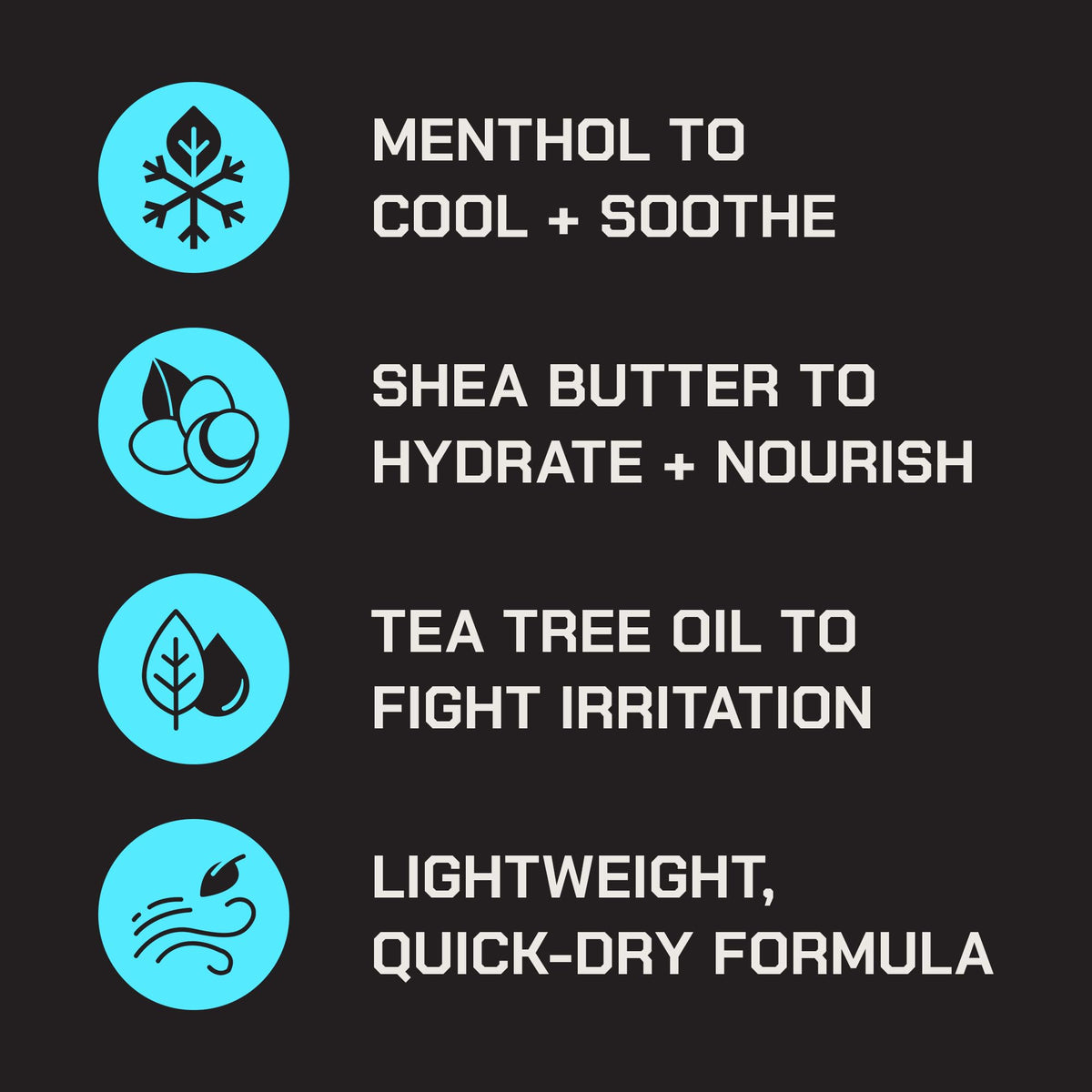 Duke Cannon ingredient label showing menthol, shea butter, and tea tree oil benefits