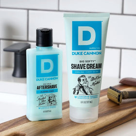 Close detail of Duke Cannon packaging showing durable bottle and clear labeling