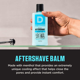 Duke Cannon pump dispensing balm emphasizing easy application and quick relief