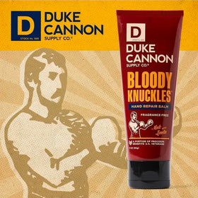 Duke Cannon label close-up emphasizing unscented, non-greasy formula