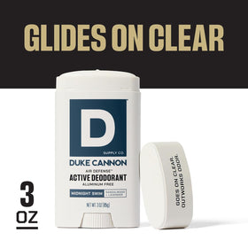 Duke Cannon product label highlighting soothing ingredients and stats