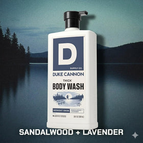Duke Cannon bottle on shower shelf styled for grooming routine benefit