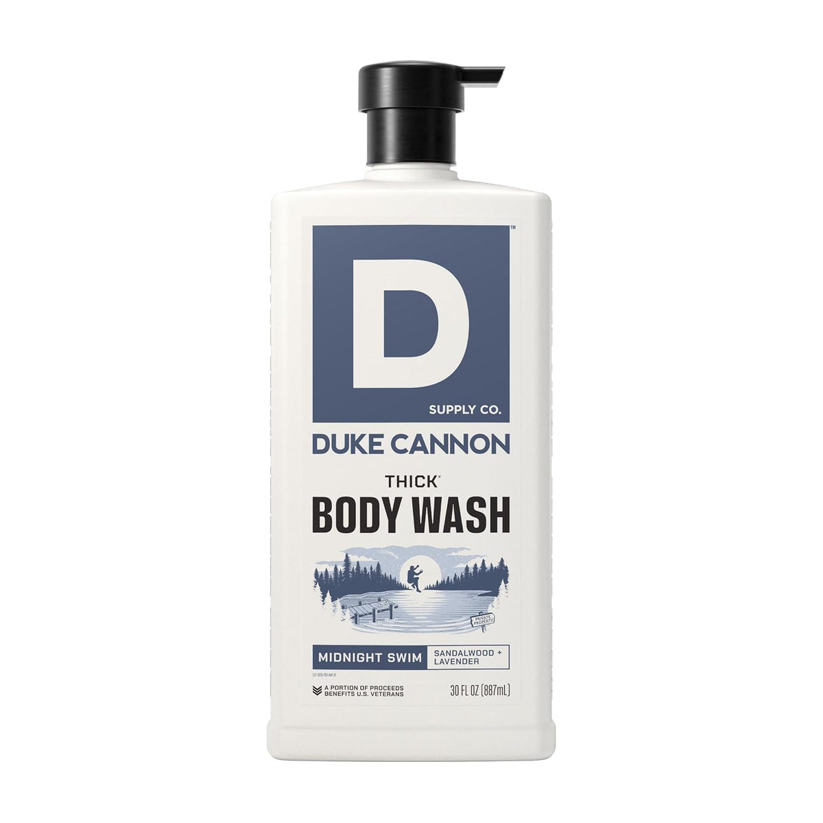 Duke Cannon bottle front view showing Midnight Swim label and size benefit
