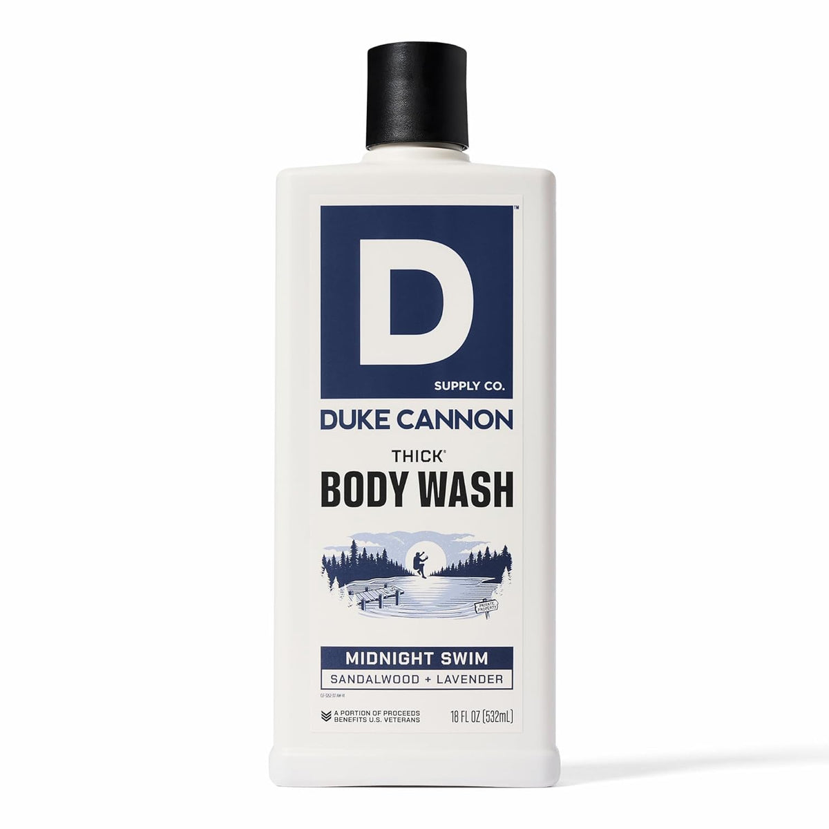 Duke Cannon front label showing Midnight Swim scent and 18 oz size for clear product identification