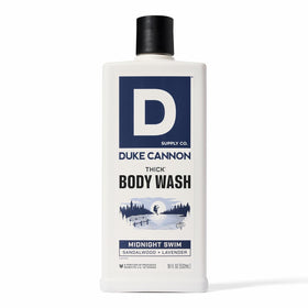 Duke Cannon front label showing Midnight Swim scent and 18 oz size for clear product identification