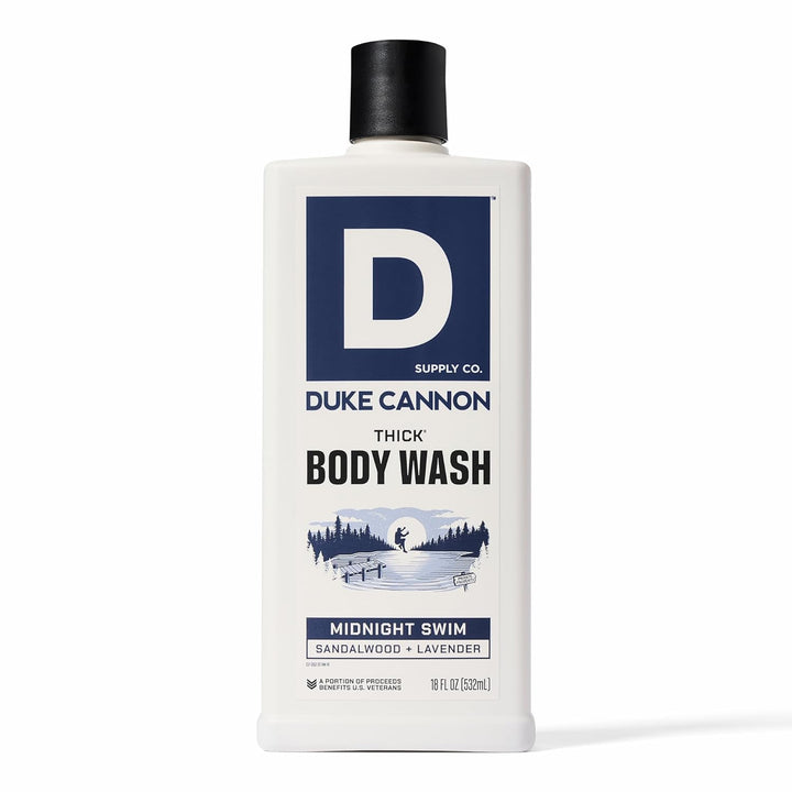 Duke Cannon front label showing Midnight Swim scent and 18 oz size for clear product identification