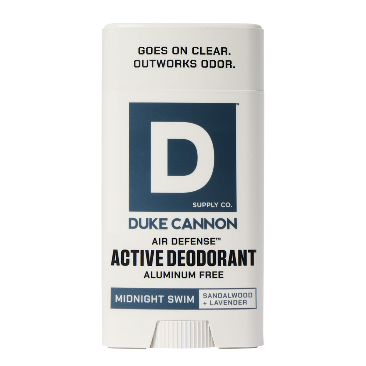 Duke Cannon front packaging showing clear aluminum-free benefit