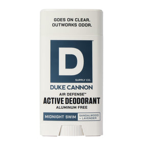 Duke Cannon front packaging showing clear aluminum-free benefit