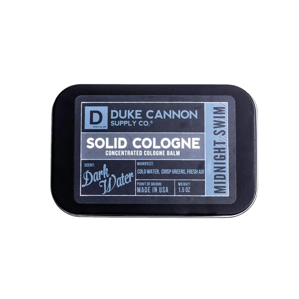 Duke Cannon front tin showing label and compact travel benefit