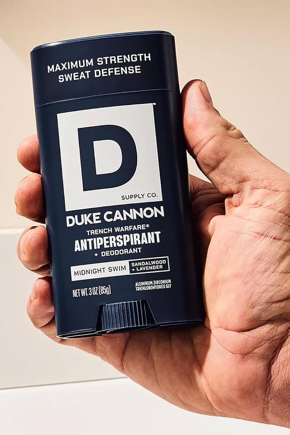 Duke Cannon label close-up showing sandalwood and lavender scent details for confident freshness