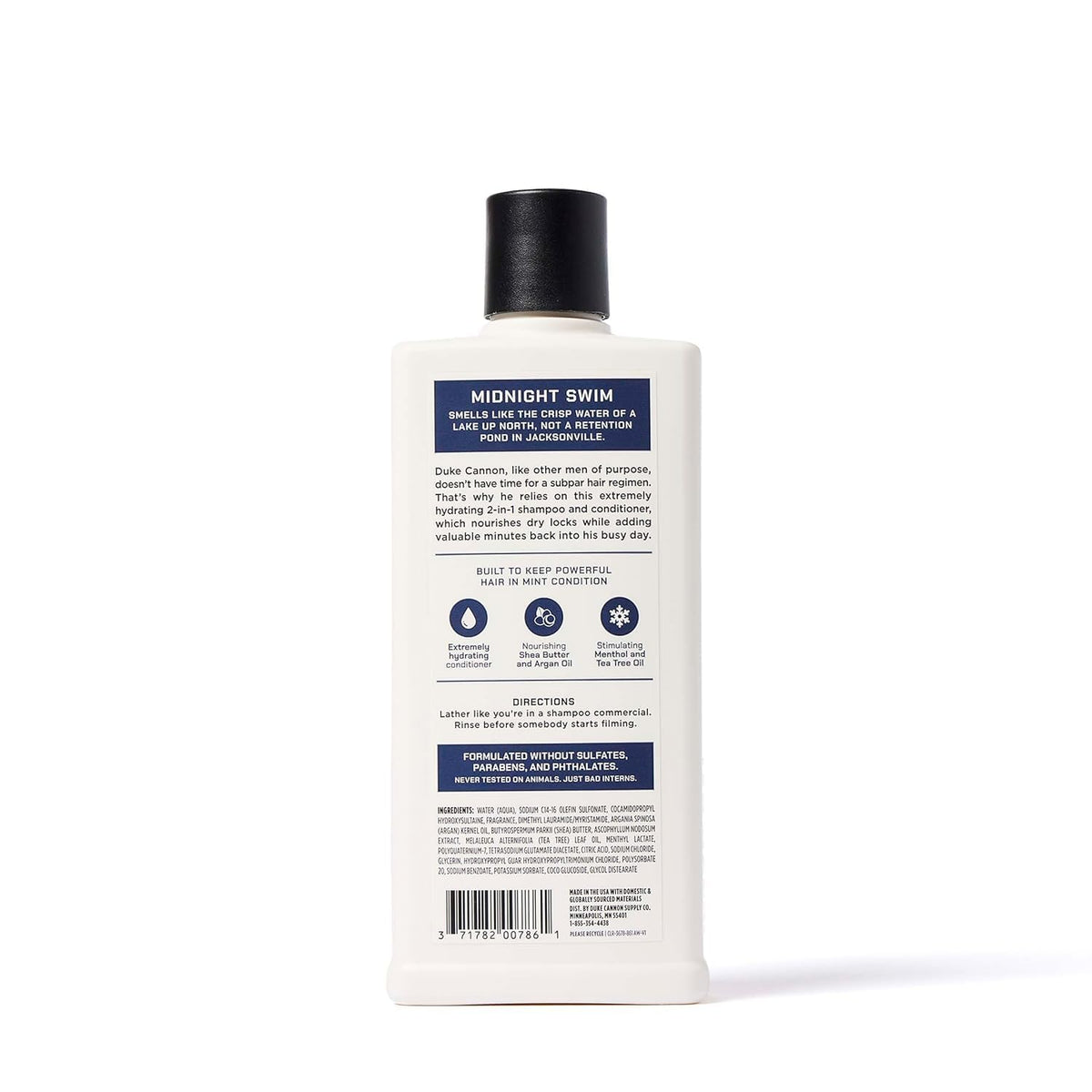 Duke Cannon bottle on bathroom counter styled with grooming items, suggesting complete routine benefit