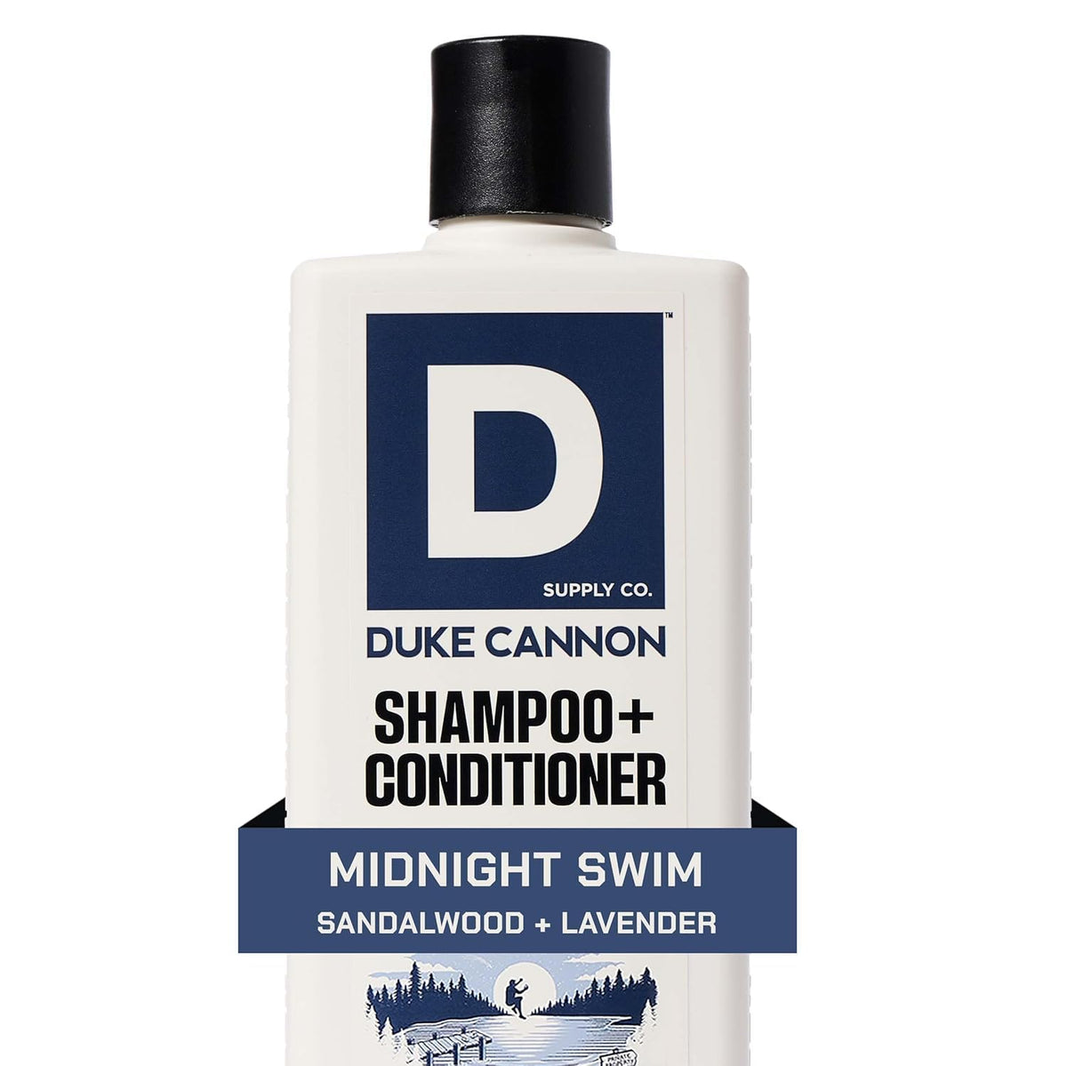 Duke Cannon label and pump close-up highlighting ingredients and easy dispensing benefit