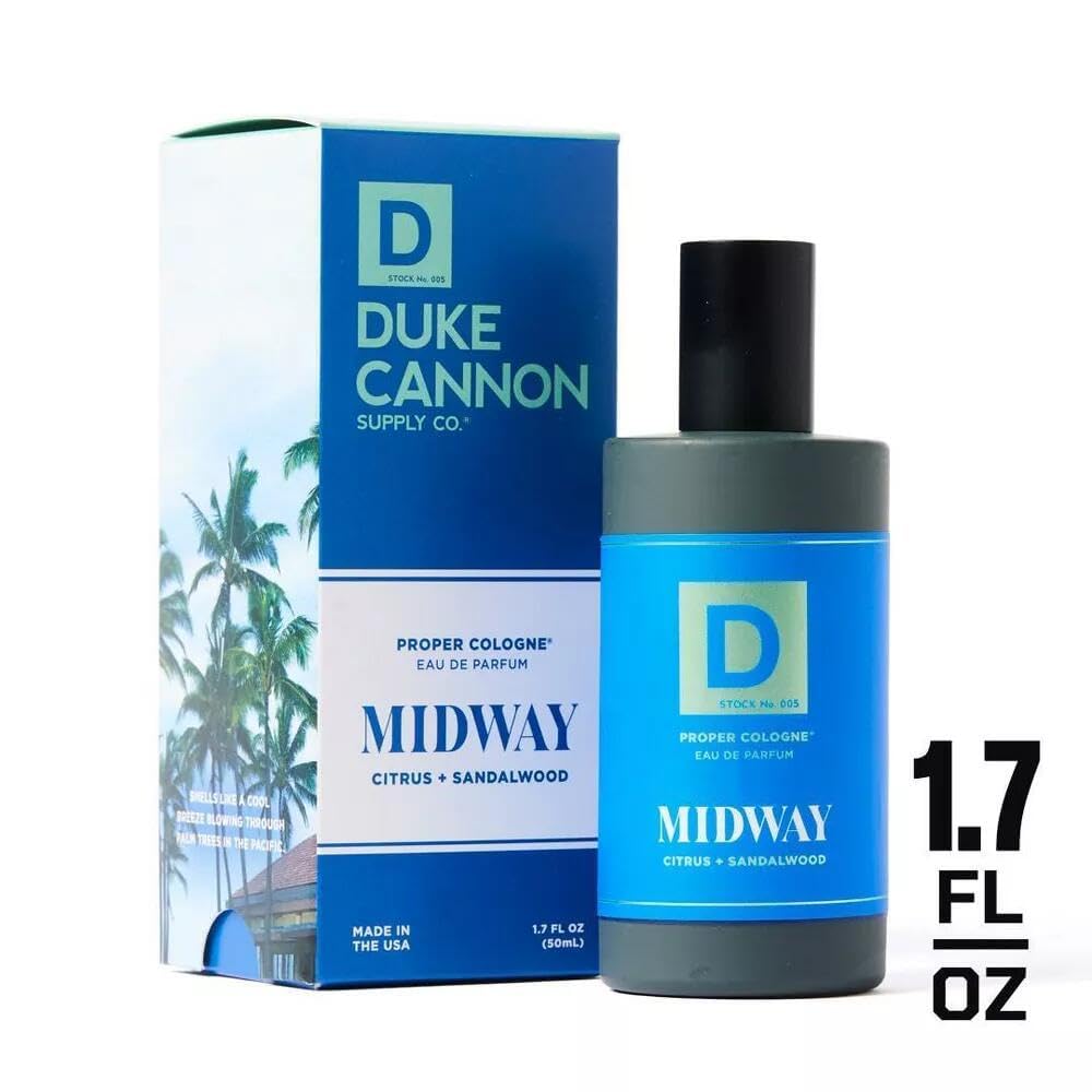 Duke Cannon bottle held in hand showing 1.7 fl oz travel-friendly size