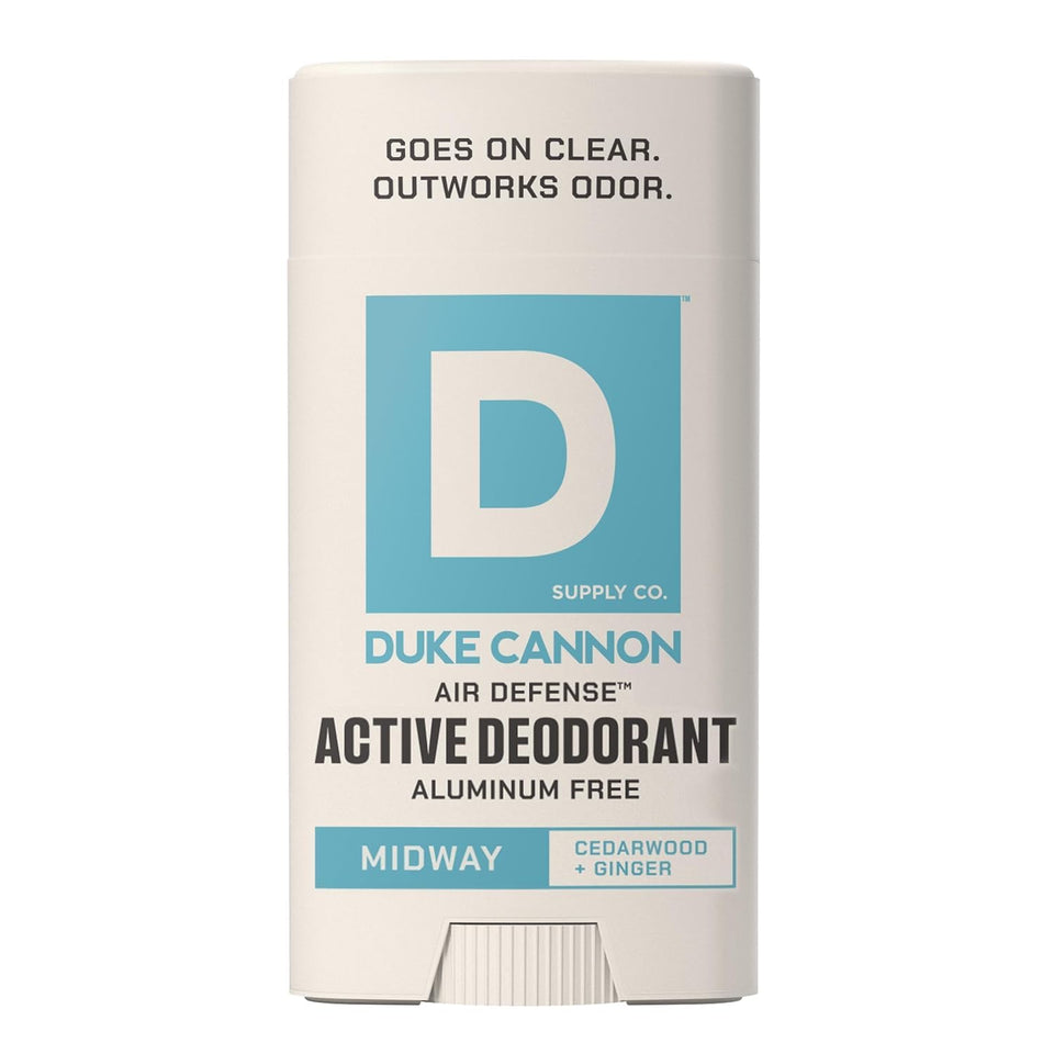 Duke Cannon front packaging showing citrus cedarwood scent and benefit of clear glide