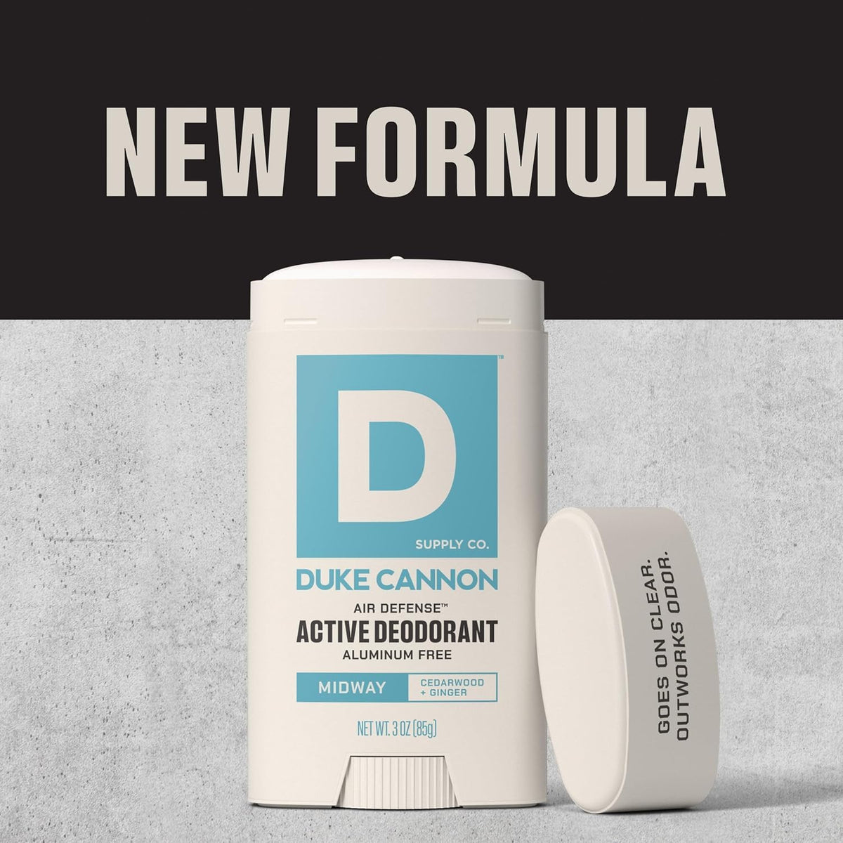 Duke Cannon product label and ingredients view showing aluminum-free formulation benefit