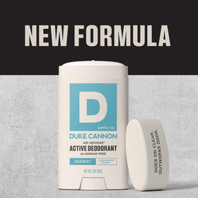 Duke Cannon product label and ingredients view showing aluminum-free formulation benefit