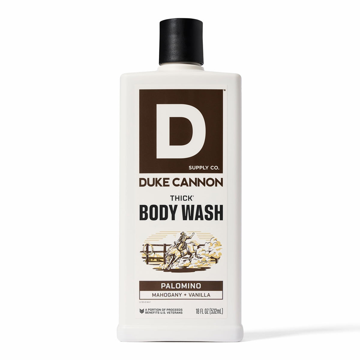 Duke Cannon front packaging showing bold Palomino label and 18 oz bottle benefit