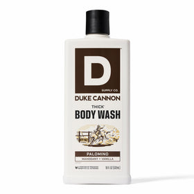 Duke Cannon front packaging showing bold Palomino label and 18 oz bottle benefit