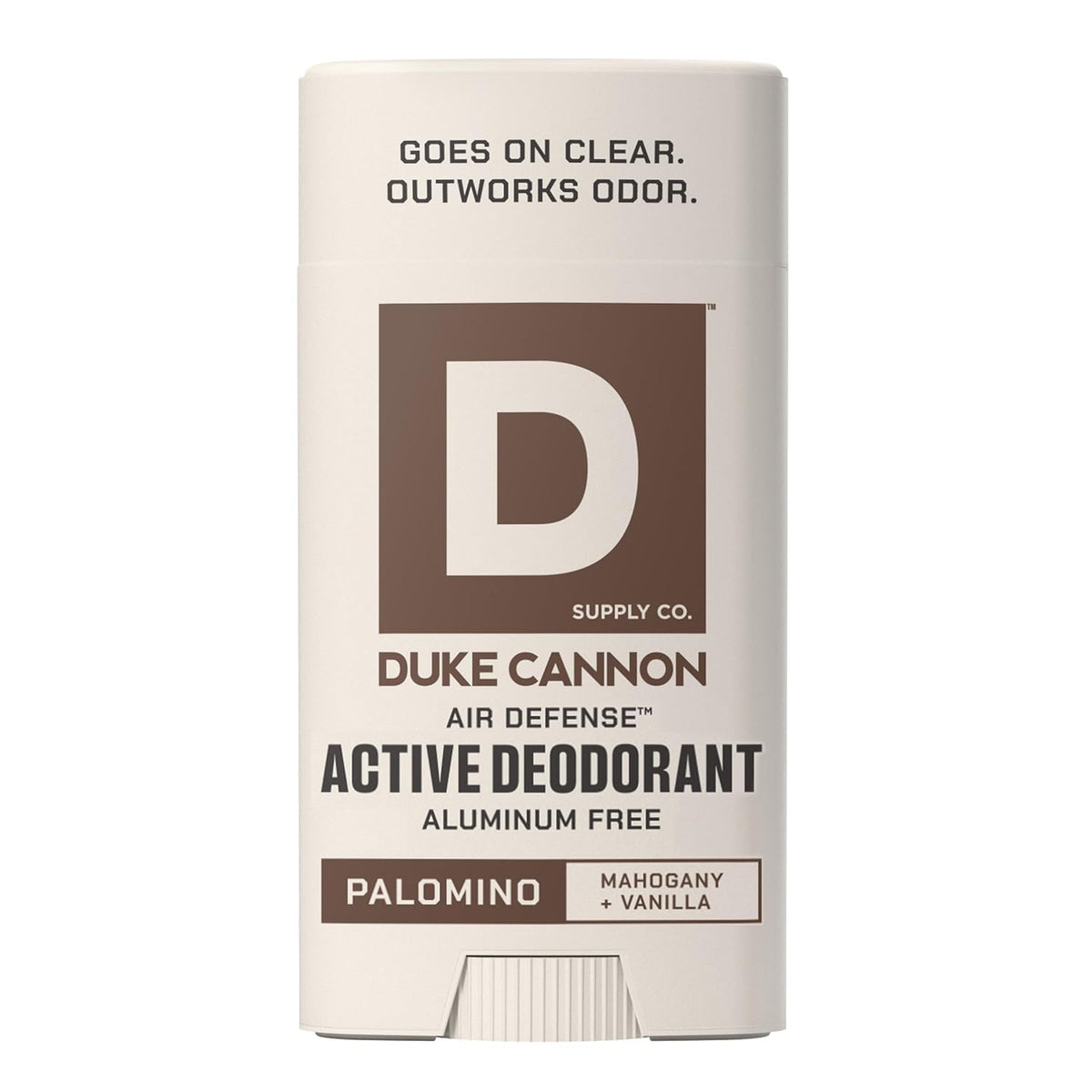 Duke Cannon Palomino front packaging shows scent and clear-glide benefit