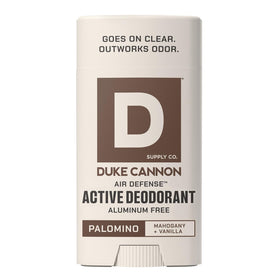 Duke Cannon Palomino front packaging shows scent and clear-glide benefit