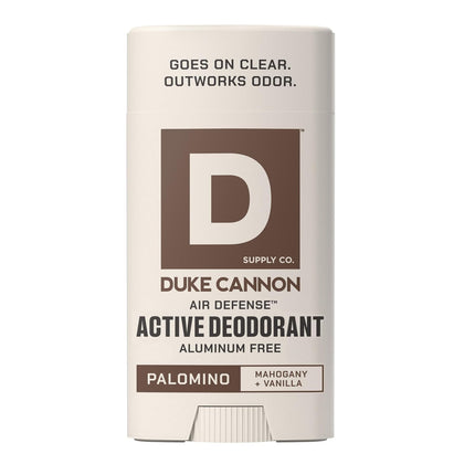 Duke Cannon Palomino front packaging shows scent and clear-glide benefit