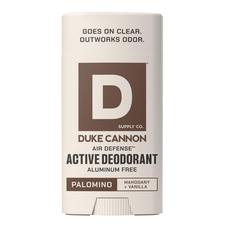 Duke Cannon Palomino front packaging shows scent and clear-glide benefit