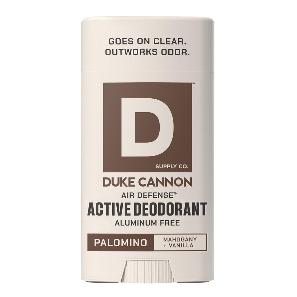 Duke Cannon Palomino front packaging shows scent and clear-glide benefit