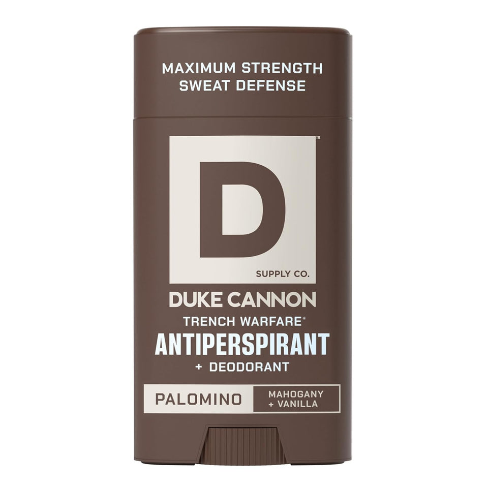 Duke Cannon front packaging showing Palomino scent and 3 oz size, clear brand presentation and confidence