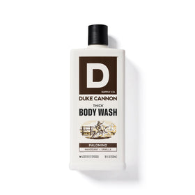 Duke Cannon label detail highlighting ingredients and masculine Palomino fragrance