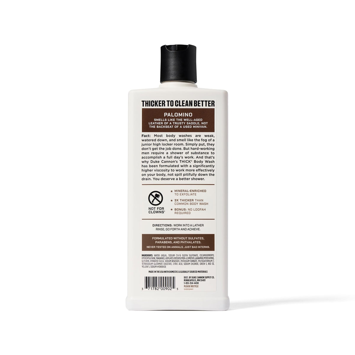 Duke Cannon bottle on shower shelf indicating durable packaging and easy reach