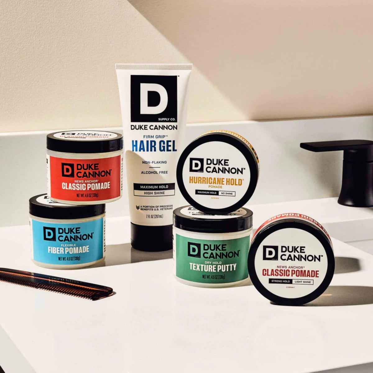 Duke Cannon pomade on bathroom shelf paired with grooming products for routine