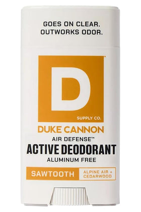 Duke Cannon front packaging showing sawtooth scent and aluminum-free benefit