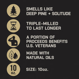 Duke Cannon lifestyle shot in woods conveying deep pine scent and outdoor freshness