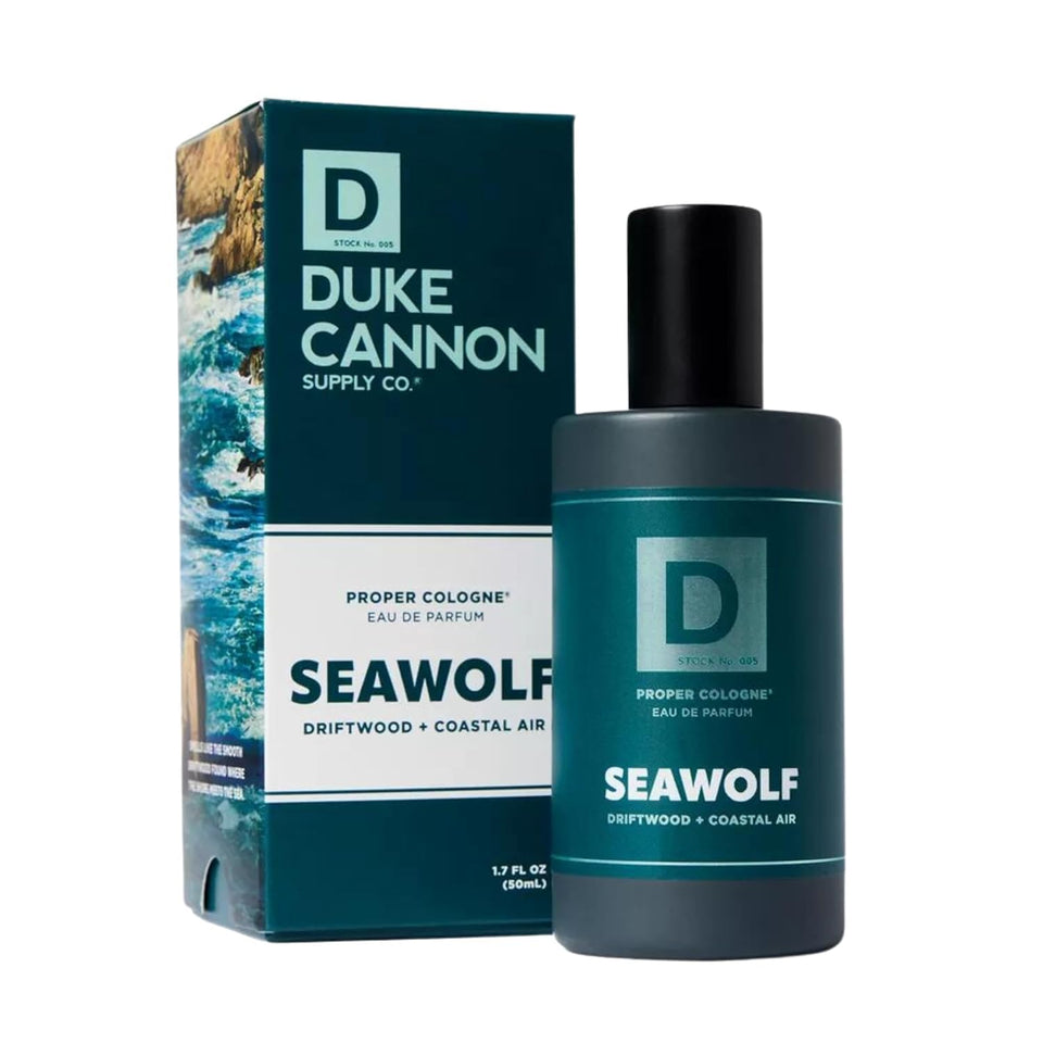 Duke Cannon Seawolf front bottle showing minimalist design and wearable scent