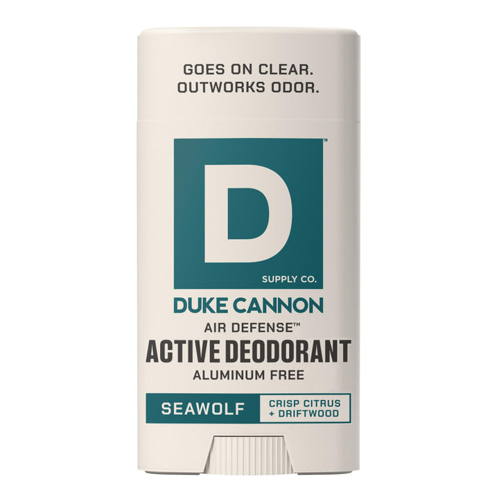 Duke Cannon Seawolf front packaging showing label and size, highlights clear-glide benefit