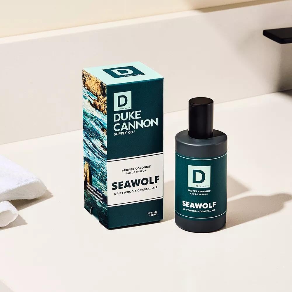 Duke Cannon Seawolf atomizer and glass bottle conveying premium application