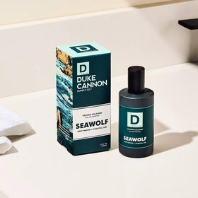 Duke Cannon Seawolf atomizer and glass bottle conveying premium application