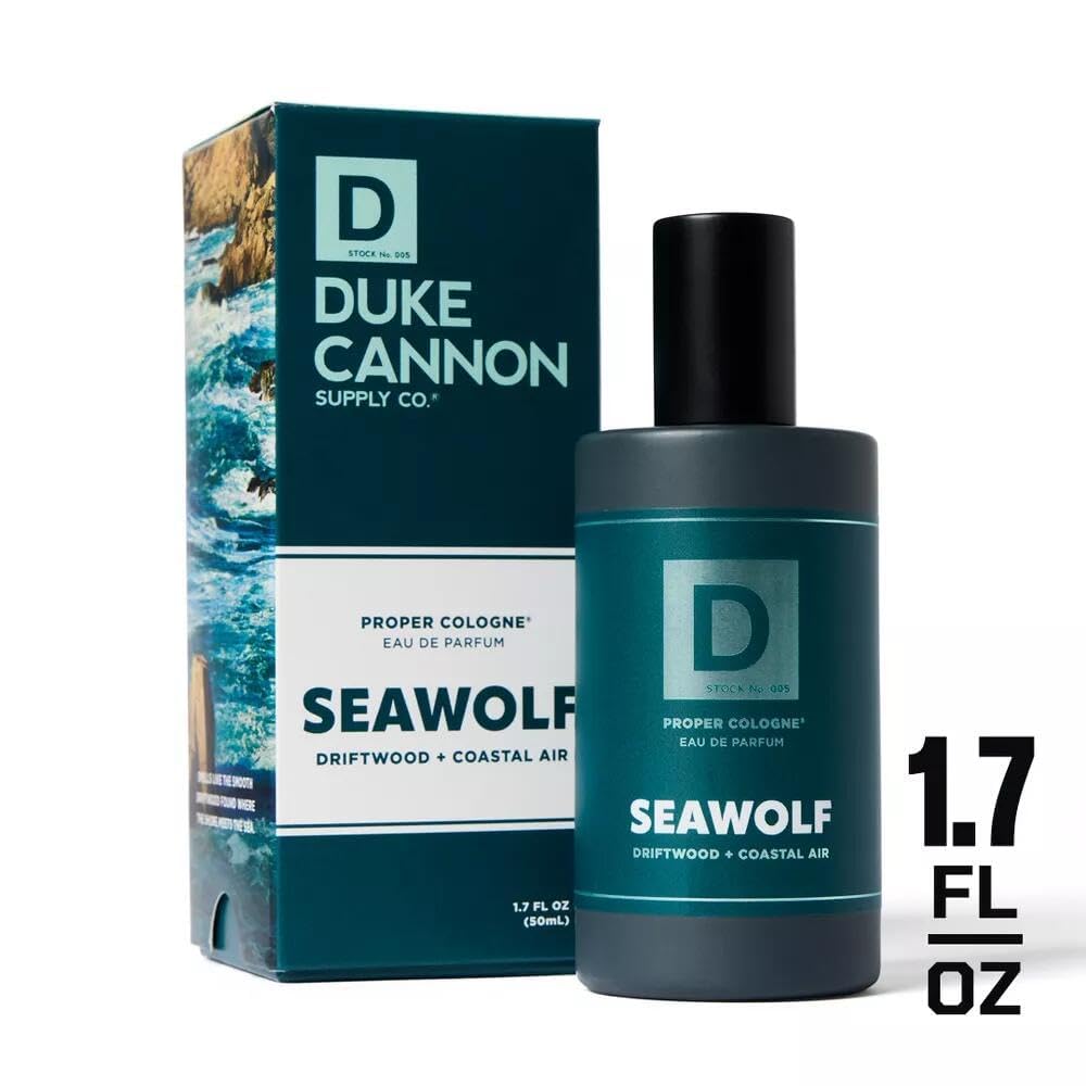 Duke Cannon Seawolf held in hand to show 1.7 fl oz scale and portability
