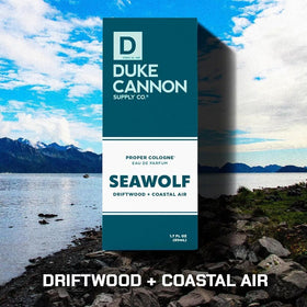 Duke Cannon Seawolf label close-up highlighting natural ingredient styling