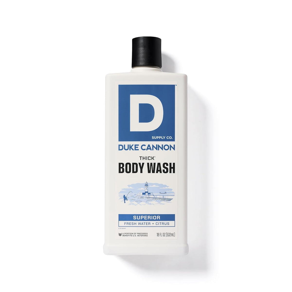 Duke Cannon bottle on shower shelf showing size and everyday use