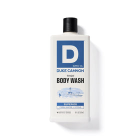 Duke Cannon bottle on shower shelf showing size and everyday use