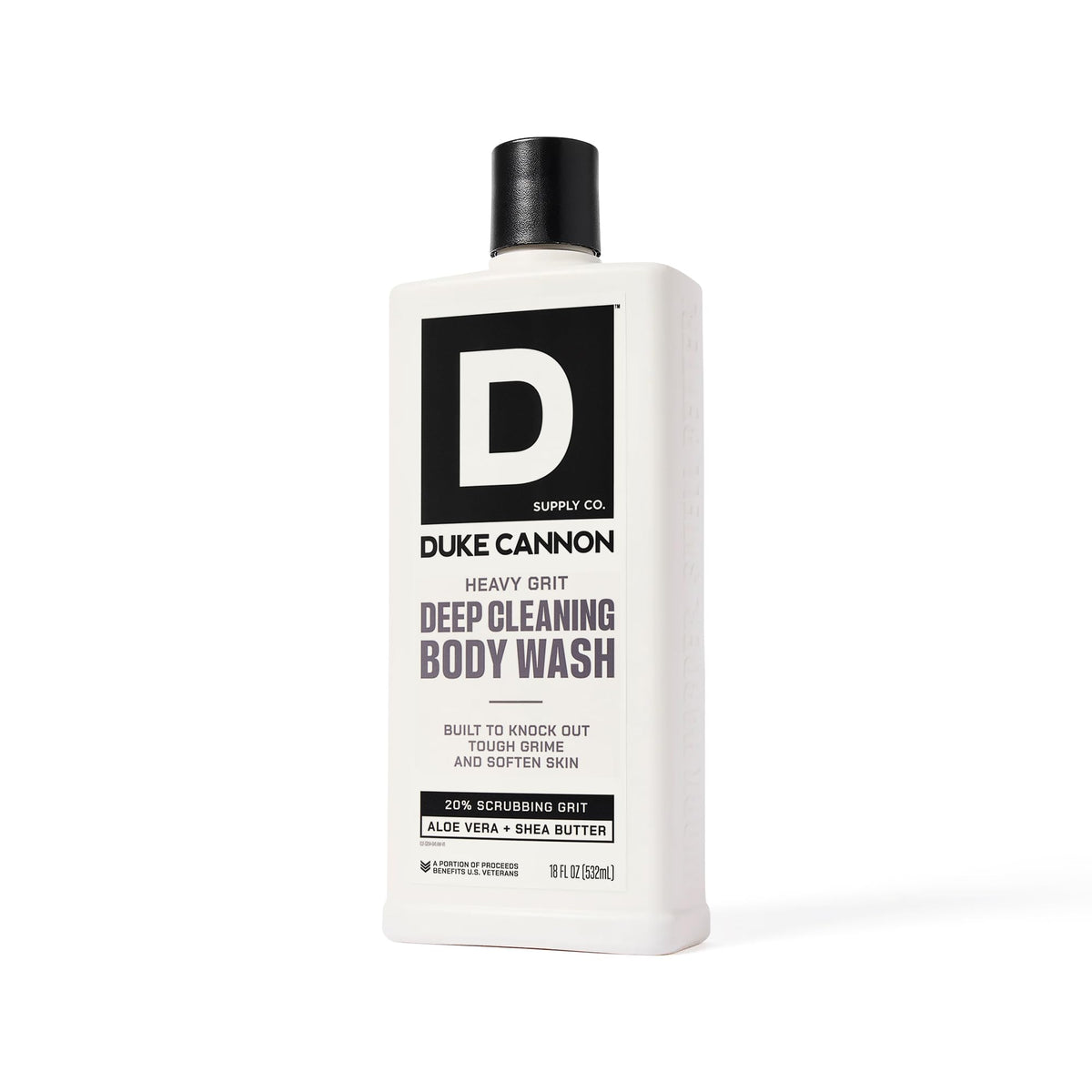 Duke Cannon next to hand showing 18oz size and long-lasting benefit