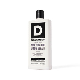 Duke Cannon next to hand showing 18oz size and long-lasting benefit