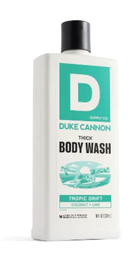 Duke Cannon bottle beside hand showing scale and lasting 18 fl oz supply benefit