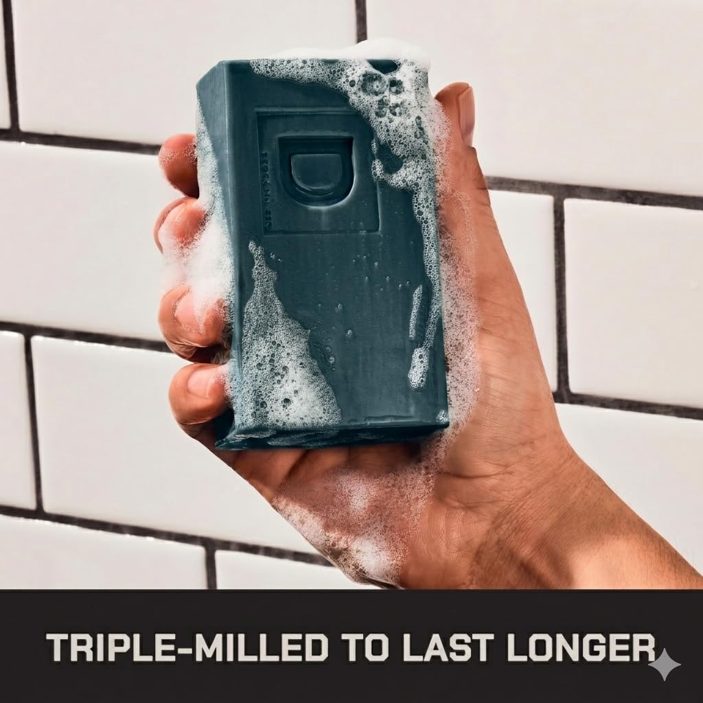 Duke Cannon soap on shower dish demonstrating quick dry storage for extended life