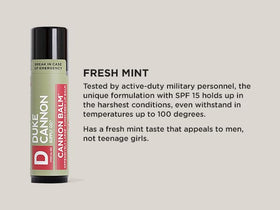 Duke Cannon SPF 15 label closeup emphasizing UV protection for outdoor activities