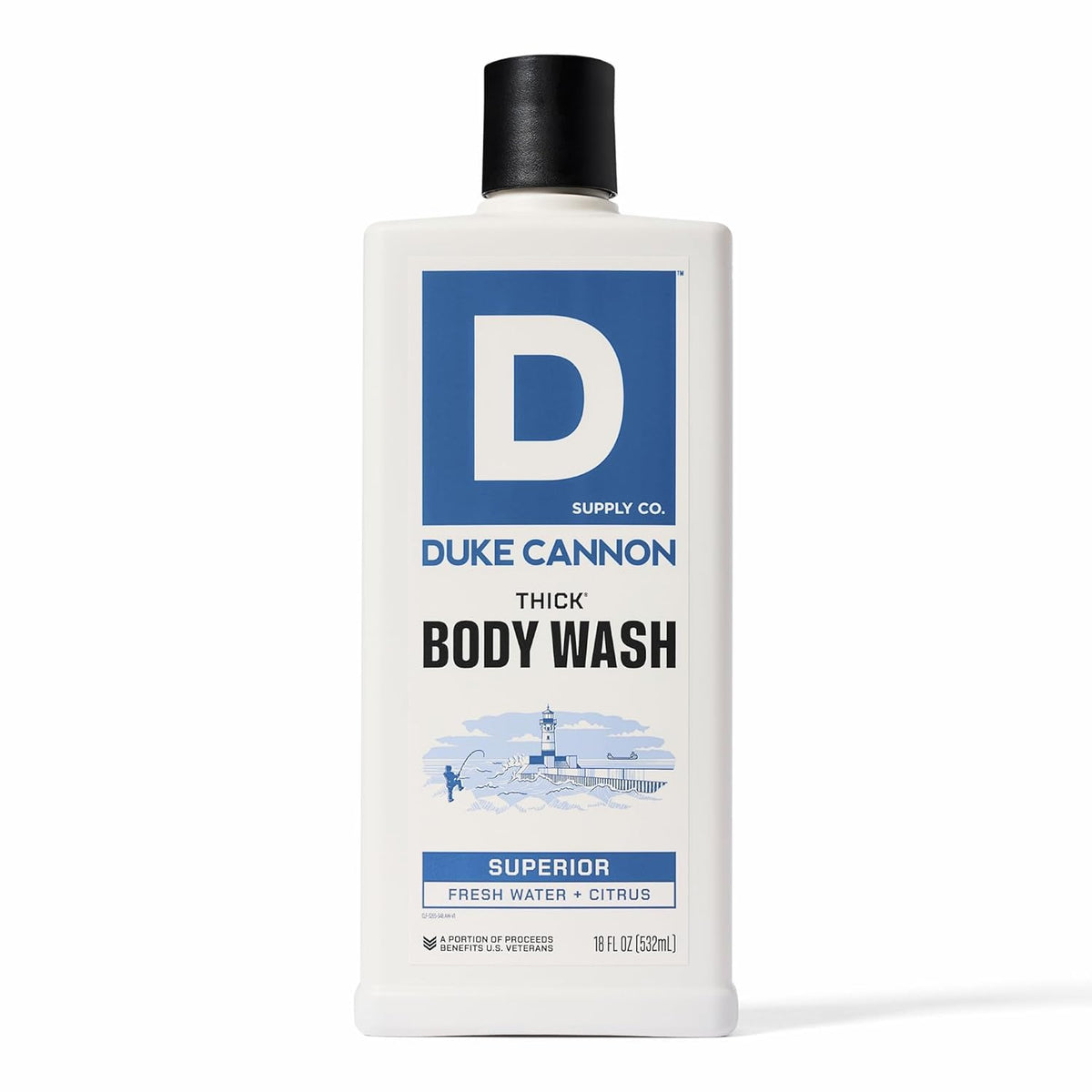 Duke Cannon bottle front view showing Superior scent and packaging benefit
